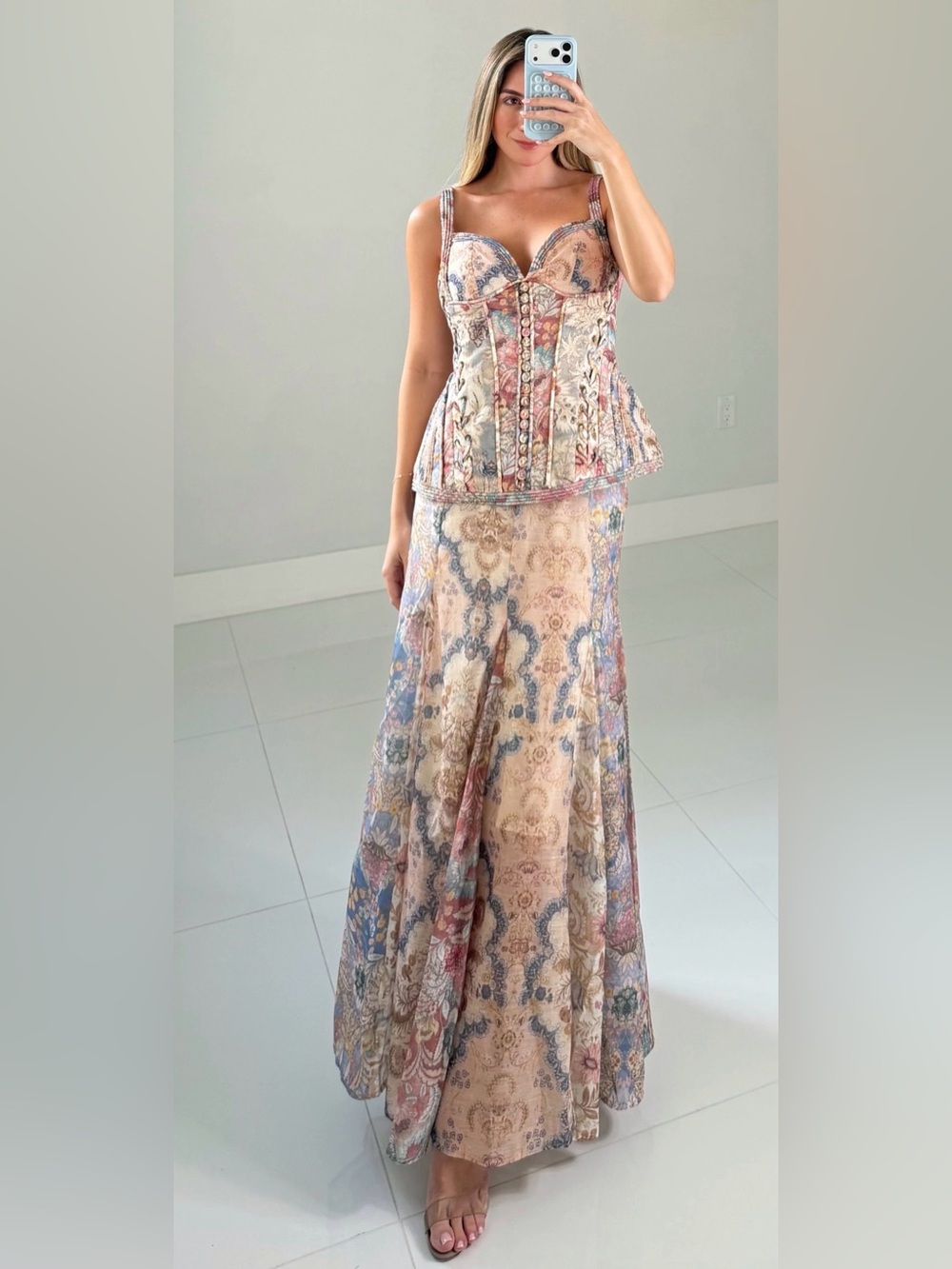 Two-Piece Paisley Print Bustier & Maxi Skirt Set - Blush & Blue